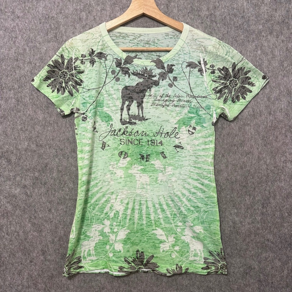Blue 84 Jackson Hole Wyoming Moose Graphic T-Shirt Green Women Small Burnout Tee